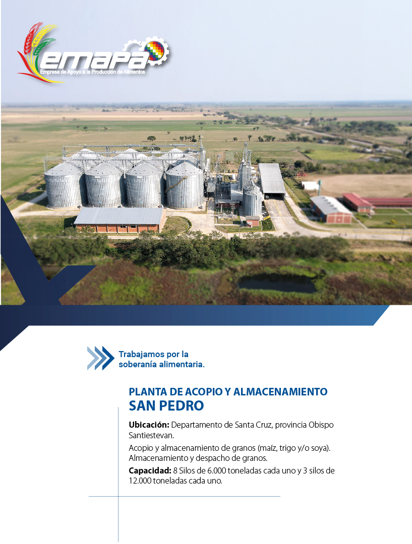 Se dedica a la recepción, almacenamiento y conservación de granos como maíz, trigo y soya. Estas instalaciones permiten a la planta apoyar a los productores locales, garantizando el acopio seguro de sus cosechas y contribuyendo a la seguridad alimentaria del país.