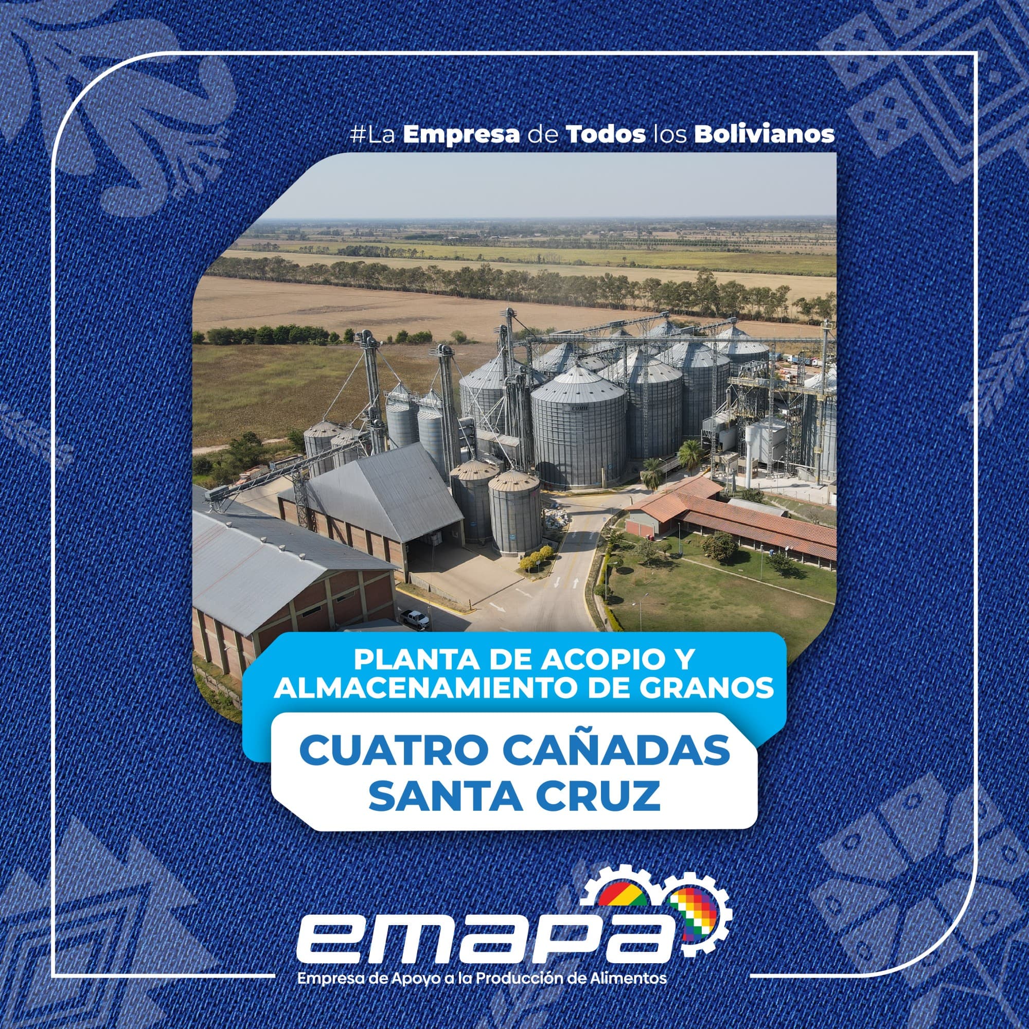 Se encarga de la recepción, almacenamiento, secado y conservación de granos como soya, maíz, arroz y trigo. Además, realiza el procesamiento de trigo en harina, garantizando su calidad para la comercialización. También gestiona la distribución y venta de granos e insumos a productores y mercados nacionales, contribuyendo a la seguridad alimentaria del país.