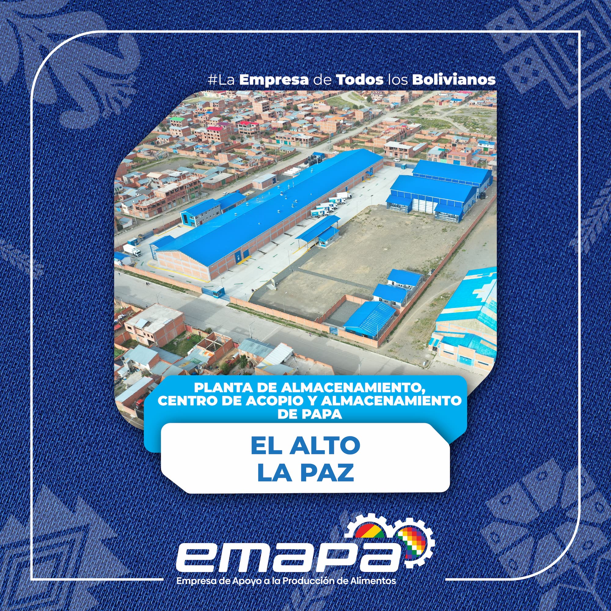Esta planta de EMAPA está destinada al acopio, clasificación y almacenamiento de papa, fortaleciendo la cadena productiva y apoyando a los productores bolivianos. Ubicada en El Alto, permite conservar el producto en condiciones óptimas y contribuir a la seguridad alimentaria del país.